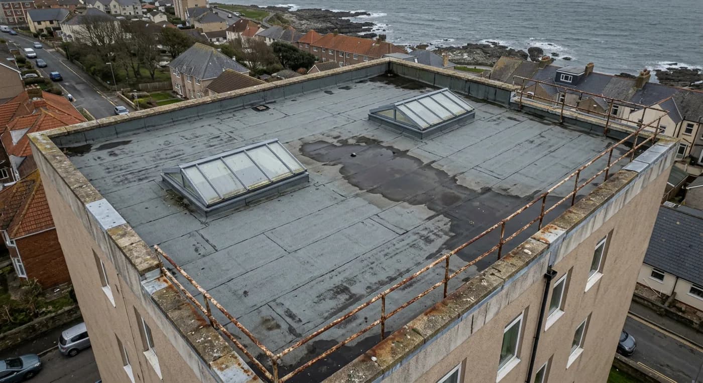 Overhead view of a flat apartment block roof with a single ply membrane, ponding water, parapet coping stones and two rooflights