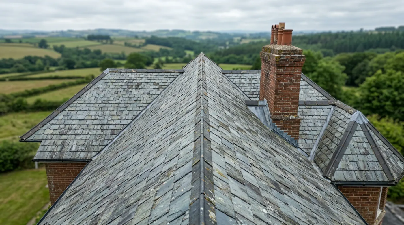 Steep natural slate roof on a Devon house photographed from the air, with the ridge running diagonally and a brick chimney to one side